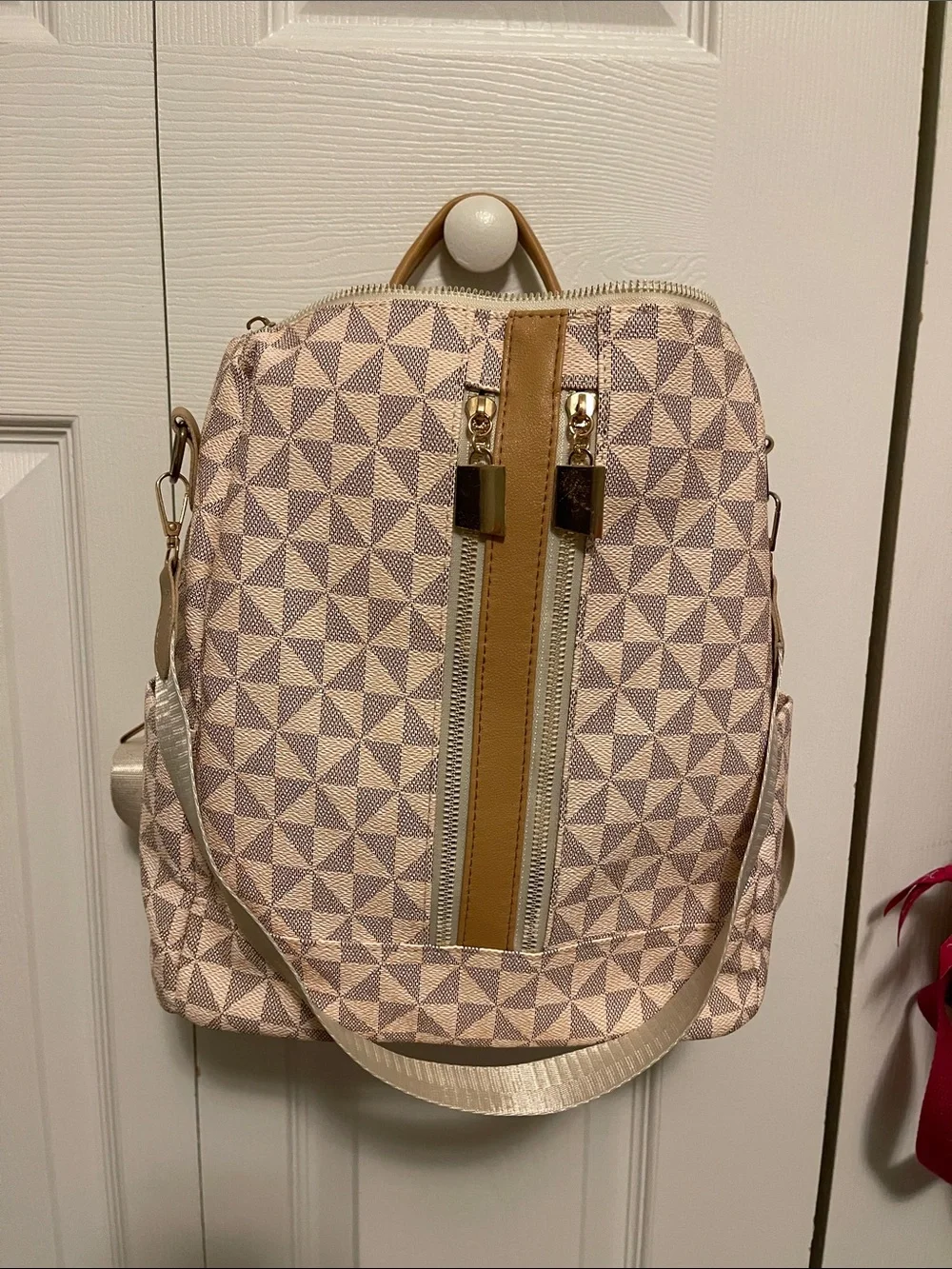 Geometric Pattern Convertible Crossbody Backpack in Beige and Tan